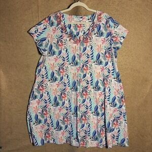 Go Softly Patio Dress Womens XL Blue Pink Floral Embroidered Rhinestones Pockets